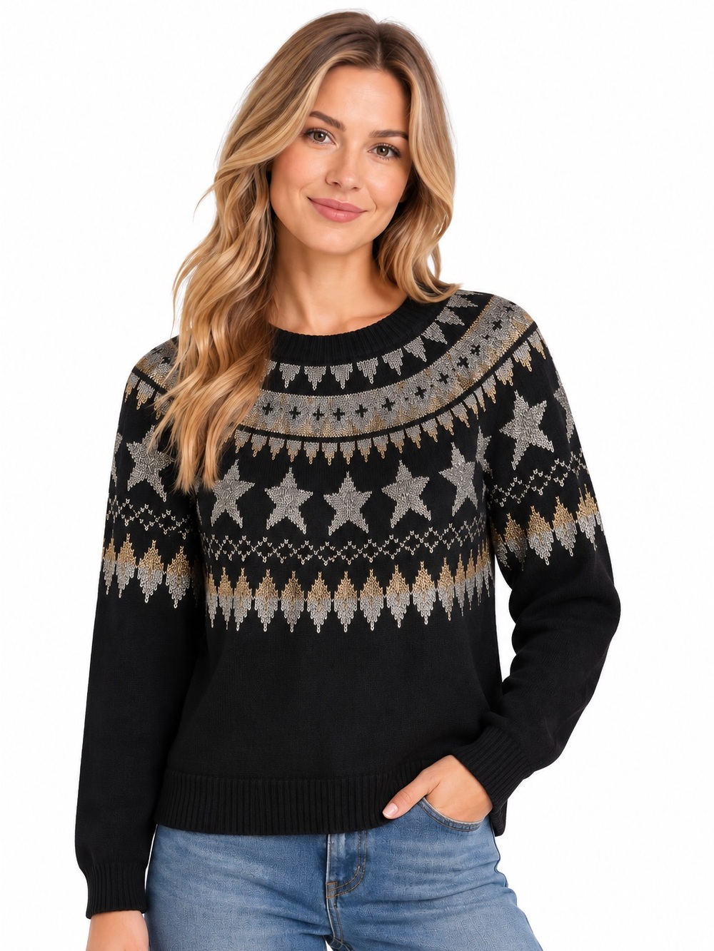 Rails Zoey Metallic Fair Isle Sweater M Black Silver Gold Star Crewneck